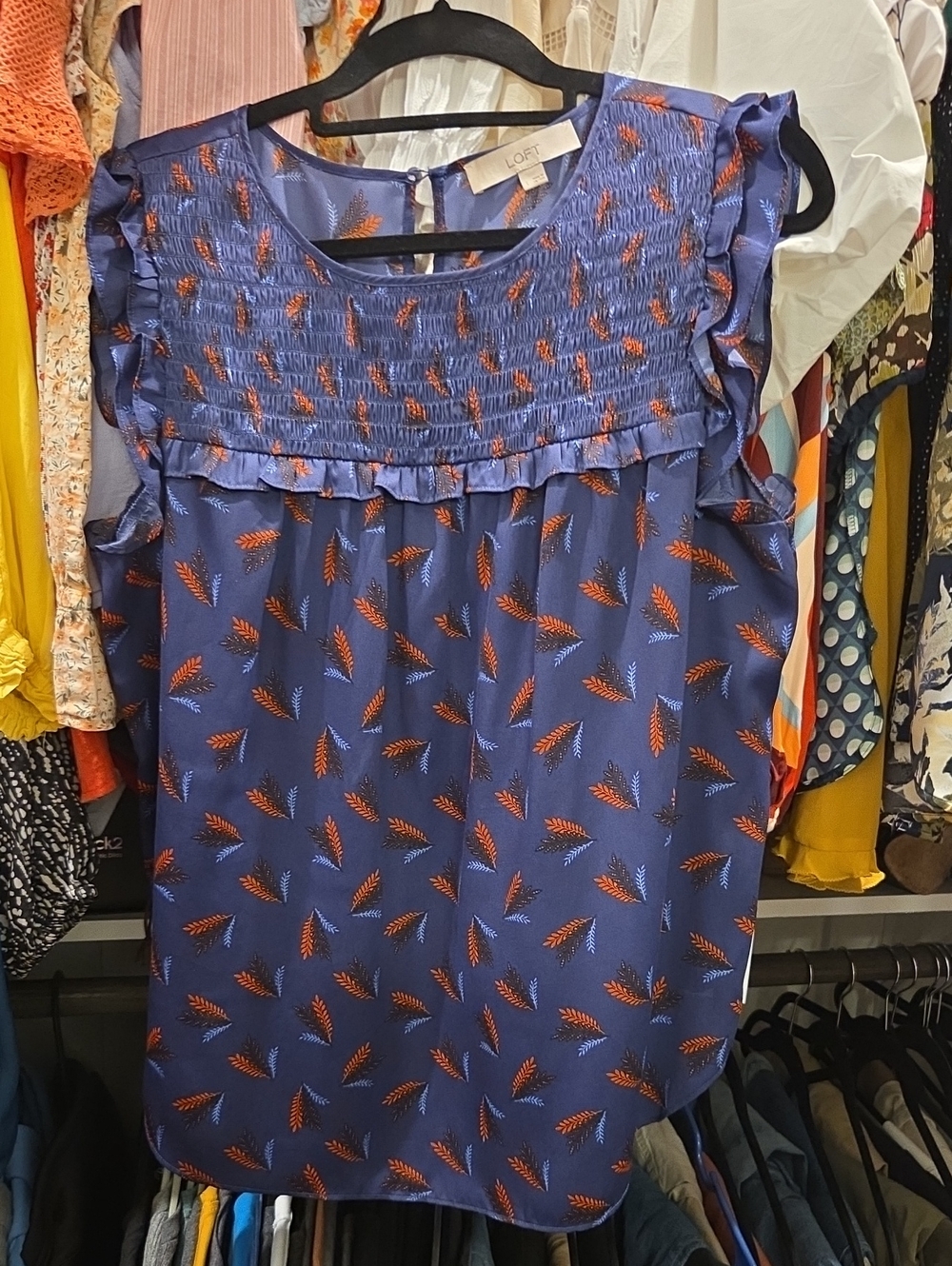 LOFT Navy Floral-Print Smocked Ruffle Camisole